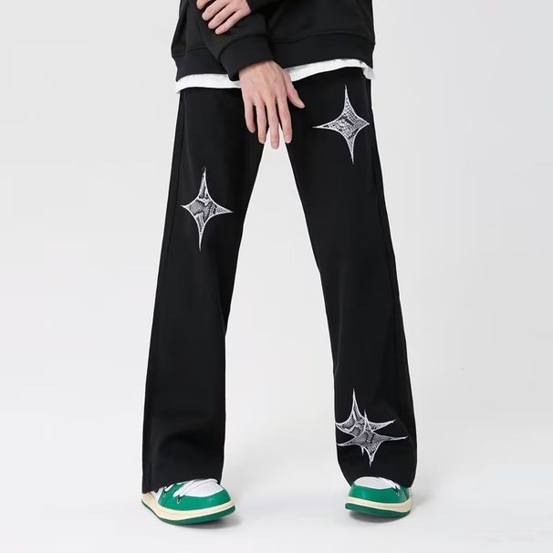 Women's Clothing Black High Waist Slim Workwear Jeans For Women Spring Retro Print Star Trousers Loose Wide Leg Pants_ecoleips.com