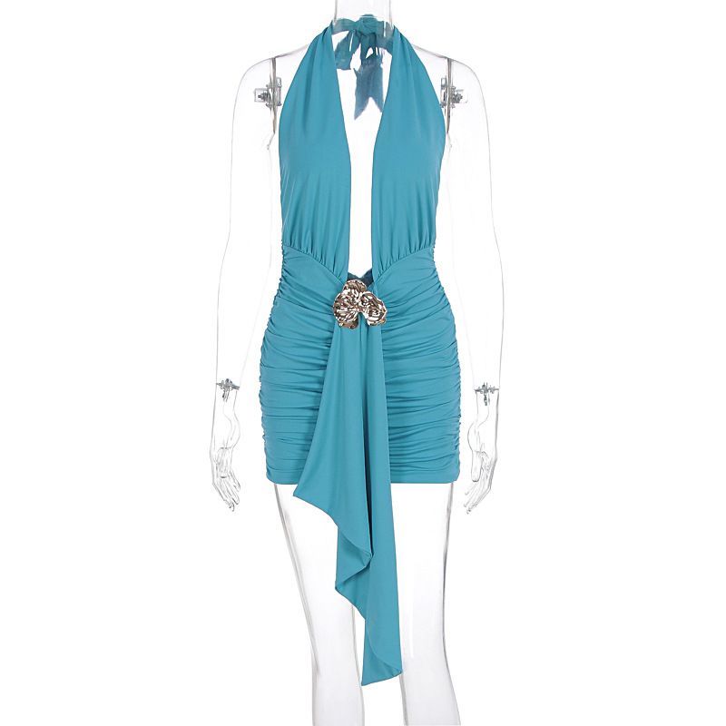Women's Clothing Summer Sexy Hot Girl Women's Tie Up Deep V Dress Style Pleated Metal Decoration For Formal & Casual For Women_ecoleips.com