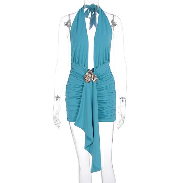 Women's Clothing Summer Sexy Hot Girl Women's Tie Up Deep V Dress Style Pleated Metal Decoration For Formal & Casual For Women_ecoleips.com