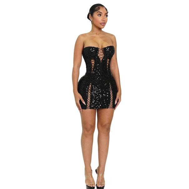 Women's Clothing Elegant Fashionable Strapless Bodycon Sequined Mini Dress Style Hollow Out Elastic For Formal & Casual For Women_ecoleips.com