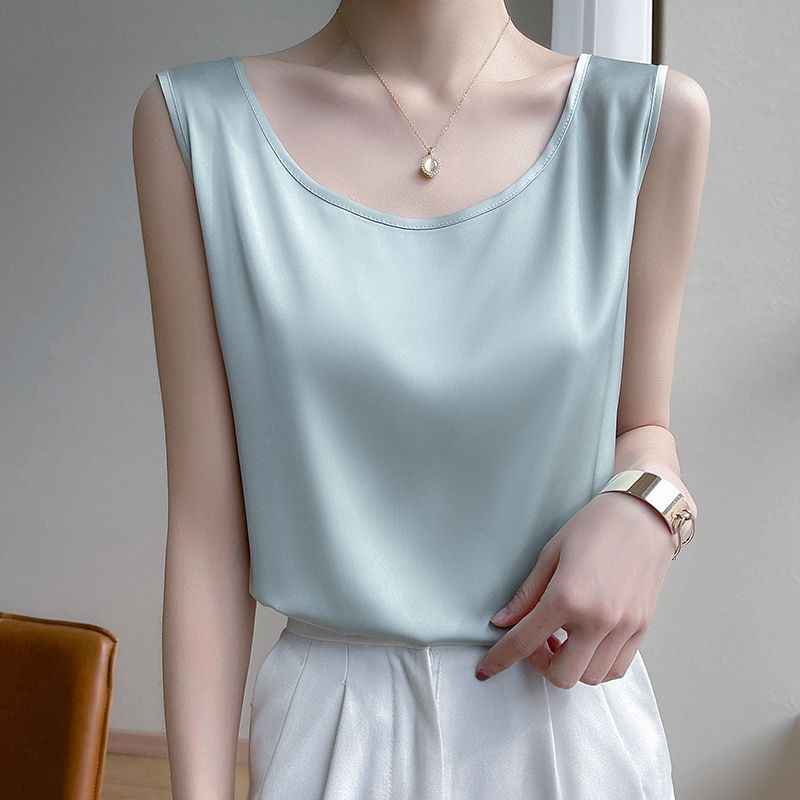Summer Silk Camis Women's T Shirts Sleeveless Vest Satin Tank Tops Office Elegant Fashion O Neck Champagne BlouseTop Women_ecoleips.com
