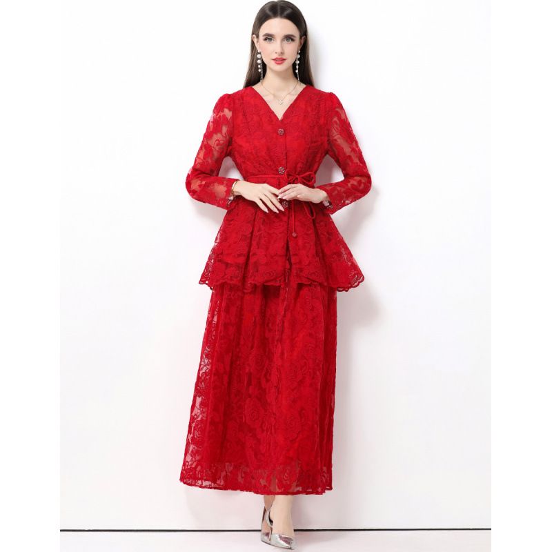 Women's Clothing French Style Embroidered Mesh Ruffle Dress – Tie Waist & Lantern Sleeves Elegance_ecoleips.com