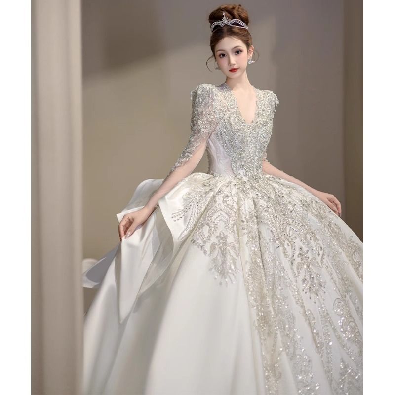 Vintage Long Sleeve Wedding Dress For Bride – Lace A-Line Ball Gown With Cathedral Train, High Waist Princess Sleeves, Winter Elegant Bridal Gown_ecoleips.com