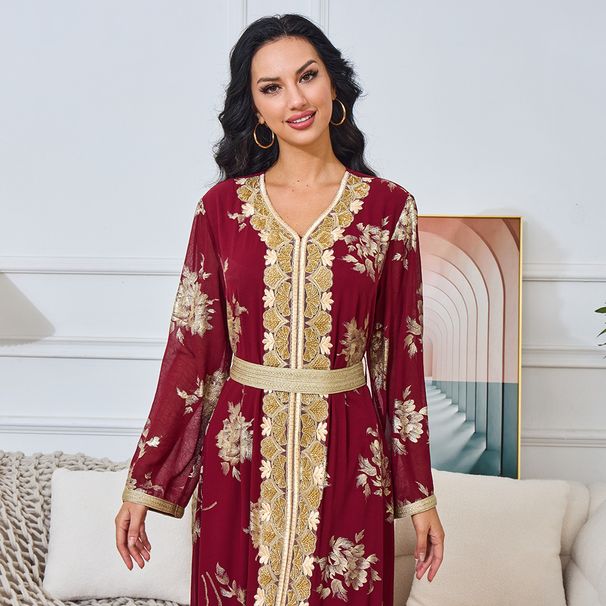 Women's Clothing Summer New Muslim Middle Eastern Robe Female Gold Stamped Beaded Embroidered Abaya Long Sleeved Dress Dress_ecoleips.com