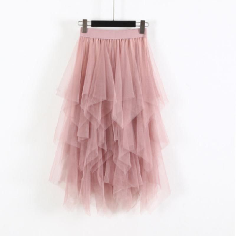 DX~~New Irregular Mesh Patchwork Skirt, High Waisted And Slim, Solid Color Mid Length Fairy Skirt_ecoleips.com