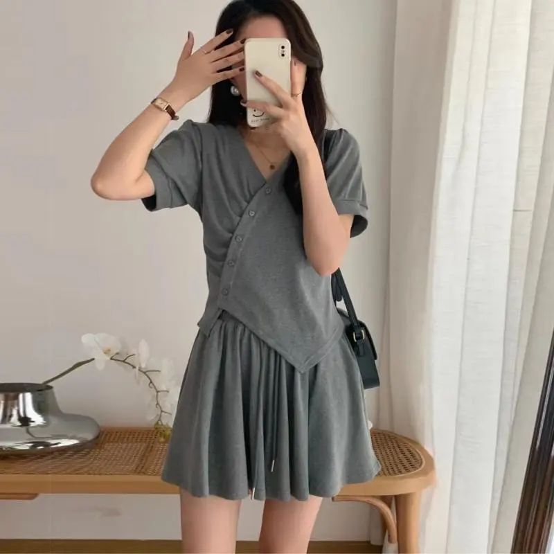 Women's European Style Short Sleeve T-Shirt Korean Slim Fit Two Piece Set Top Casual Fashion_ecoleips.com