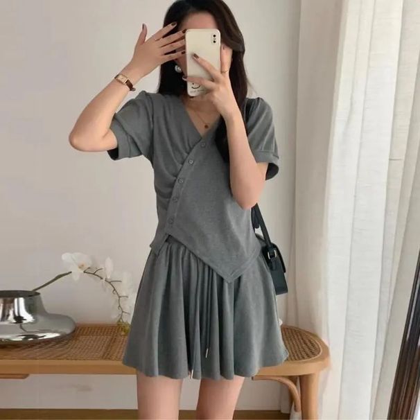 Women's European Style Short Sleeve T-Shirt Korean Slim Fit Two Piece Set Top Casual Fashion_ecoleips.com