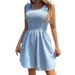 Voya Women's French Square Neck Pleated Camisole Dress With Waist Cinched, Summer New Style, Tank Top Jumpsuit_ecoleips.com