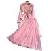 European And American Style Light Heavy Metal Flower Buckle Suit Waist Slimming Jacket + Fairy Mesh Long Skirt_ecoleips.com