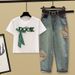 Women's Clothing Women's Fashion Beaded Bow Short Sleeve T-Shirt Set With Embroidered Ethnic Style Trendy Style Jeans_ecoleips.com