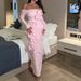 Elegant Off Shoulder Long Sleeve Skinny Dress Fashion Flower Dimensional Pink Wrap Hip Dress Lady Sexy Backless Solid Long Dress_ecoleips.com