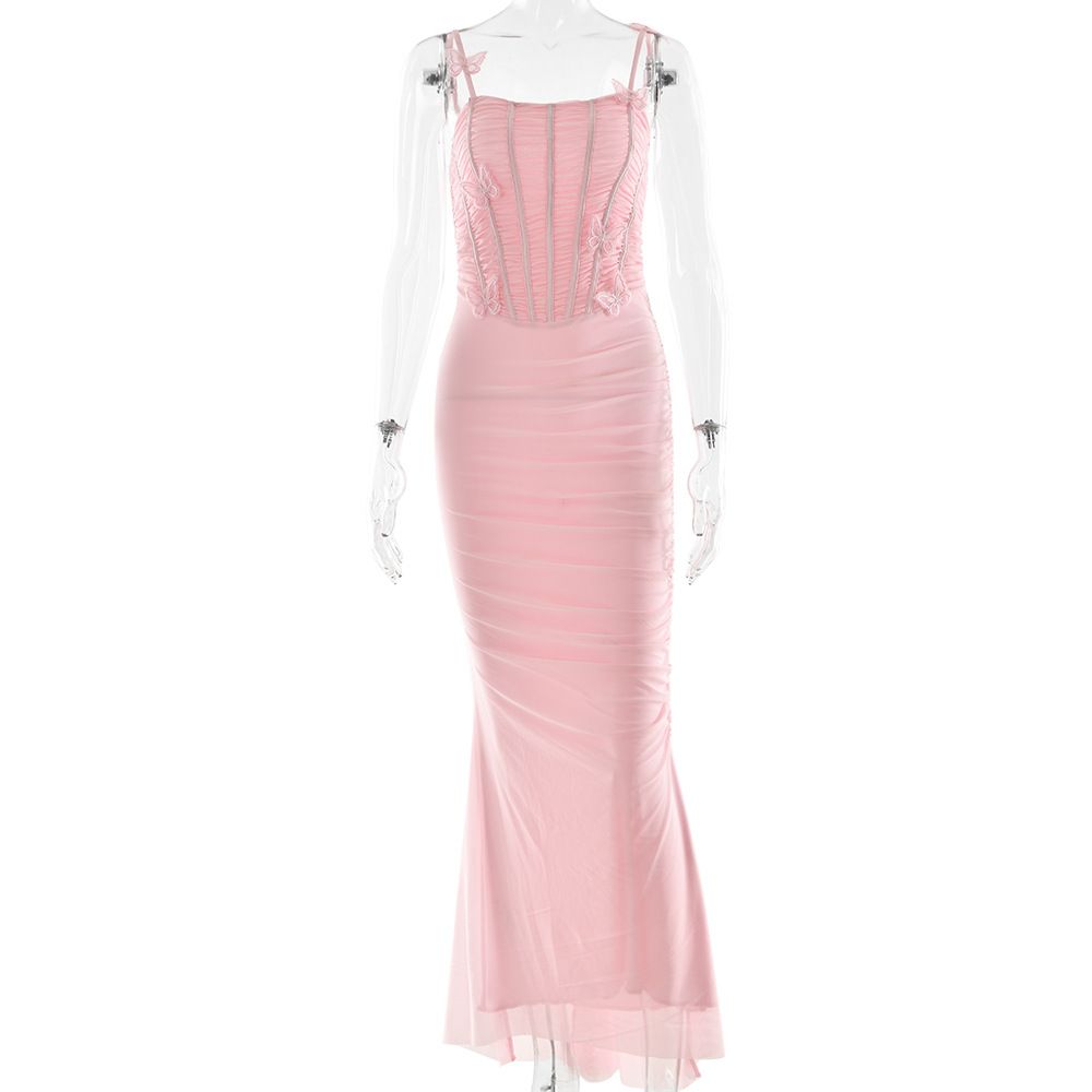 2025 Style Spring Summer Temperament Women's Long Skirt New Fashionable And Sexy Backless Pleated Suspender Dress_ecoleips.com