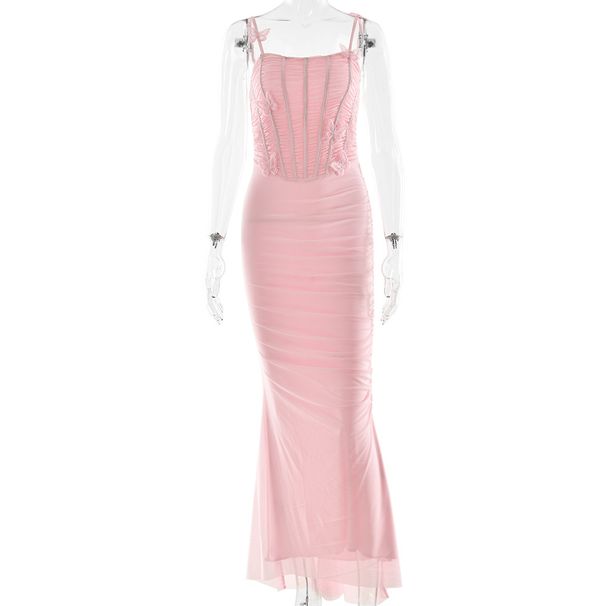 2025 Style Spring Summer Temperament Women's Long Skirt New Fashionable And Sexy Backless Pleated Suspender Dress_ecoleips.com