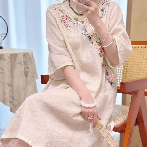 Improved Qipao Spring/Summer New Chinese Style National Style Cotton Linen Vintage Embroidery Zen Tea Dress Mid-Sleeve D_ecoleips.com