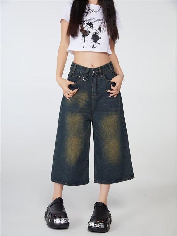 American Loose Fit Washed Vintage Cropped Denim Shorts For Women High Design Wide Leg Mid-Length Pants Street Style_ecoleips.com