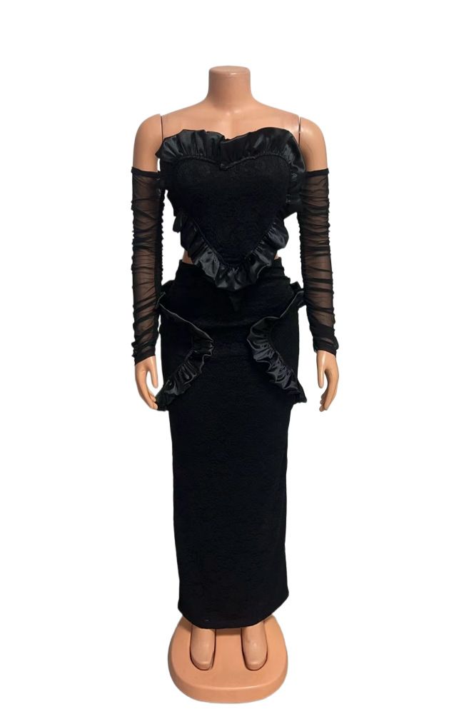 Women's Mesh Long Sleeve Off-Shoulder Top With Bodycon Skirt Set, Elegant Sexy Two-Piece Outfit For Evening Party_ecoleips.com
