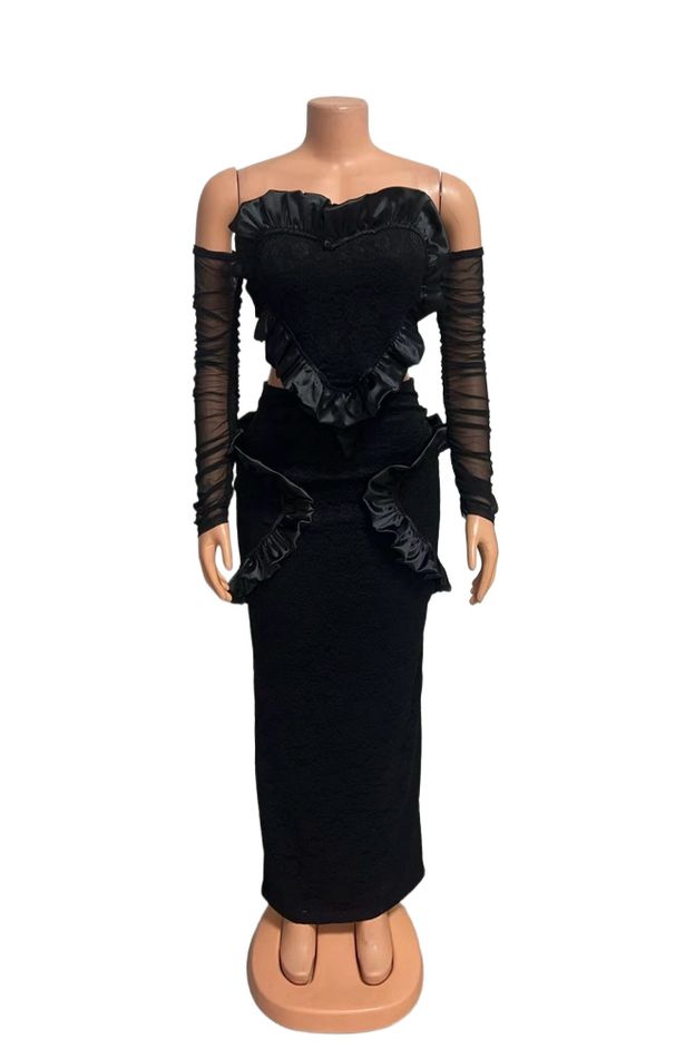 Women's Mesh Long Sleeve Off-Shoulder Top With Bodycon Skirt Set, Elegant Sexy Two-Piece Outfit For Evening Party_ecoleips.com