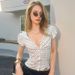 Women's Sexy Deep V Neck T-Shirt Polka Dot Pattern Pleated Waist Slimming Top European American Style Spring New Arrivals_ecoleips.com