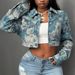 Women's Floral Print Cropped Denim Jacket Set, Long Sleeve Button Down Crop Coat & High Waist Jeans 2 Piece Outfit, Casual Streetwear Daily Wear Match_ecoleips.com