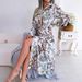 Women's Clothing Spring And Summer Retro Flower Lapel Tie Shirt Dress_ecoleips.com