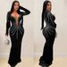 legant Long Sleeve Bodycon Dress With Rhinestone Details - Stretchy Velvet Party Dress For Women, Slim Fit Evening Gown In Black/Burgundy/Navy_ecoleips.com