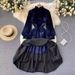 Velvet Flared Sleeve Midi Dress – Retro Wrap Waist Ruffle Neck (S-XXL) – Elegant Office & Evening Wear (Blue/Red)_ecoleips.com
