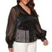 Women's Plus Size Patchwork Shirt American Style See Through V Neck Long Sleeve Loose Top_ecoleips.com