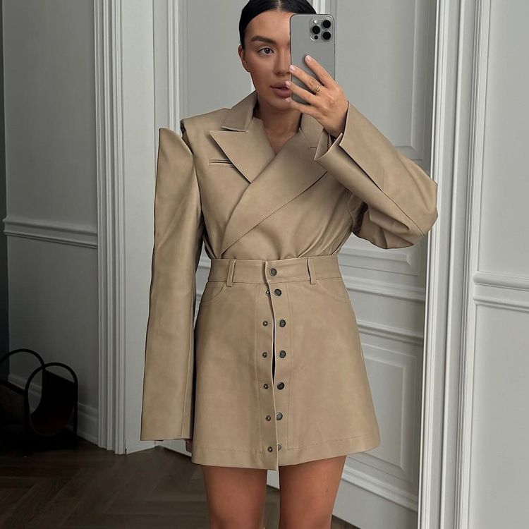 Women's European American Retro Fashion PU Leather Midi Skirt Set With Hollowed Out Long Sleeved Top High-End Two Piece Outfit_ecoleips.com