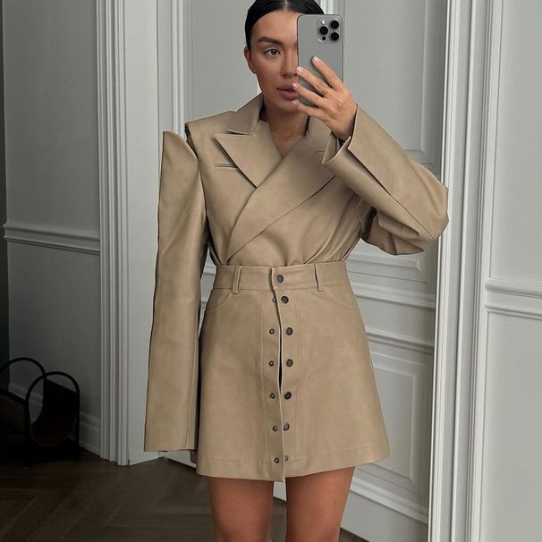 Women's European American Retro Fashion PU Leather Midi Skirt Set With Hollowed Out Long Sleeved Top High-End Two Piece Outfit_ecoleips.com