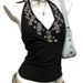 Spicy Girl Yabi Beautiful Back Vest Summer New Black V-neck Embroidered Halter Strap Backless Retro Top_ecoleips.com