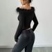 Voya Women's Summer Niche Design With Feather Splicing, Irregular Single Shoulder Hem, Slim Fit Long Sleeved Top For Women_ecoleips.com