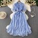 Elegant Women's French Style Dress Tie Waist Single-Breasted Embroidered Mesh Long Summer Fashion 2025_ecoleips.com