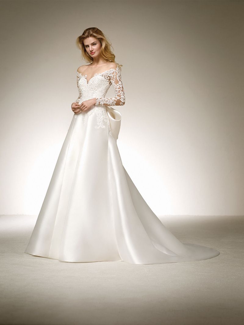 Wedding Dress New One Shoulder Long Sleeve Slim Princess Tail Bow Bride Out Wedding Dress Satin_ecoleips.com
