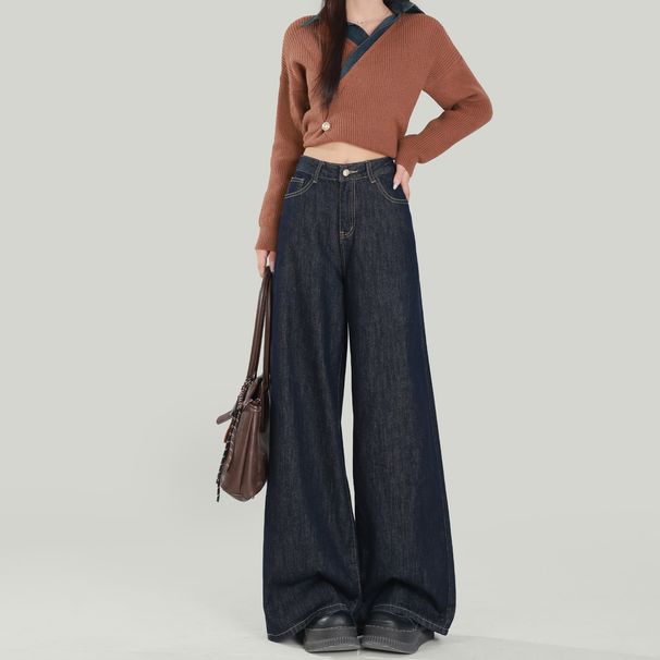 Denim Blue Wide-leg Jeans For Women, 2025 Autumn And Winter New Style, High-waisted, Loose, Slimming, Petite,_ecoleips.com