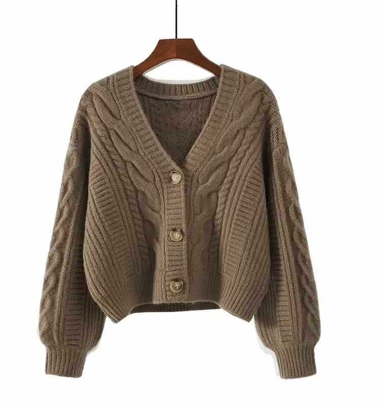 Women's V-Neck Cable Knit Cardigan – Soft & Cozy Oversized Sweater (Camel/White/Rouge, One Size Fits Most)_ecoleips.com