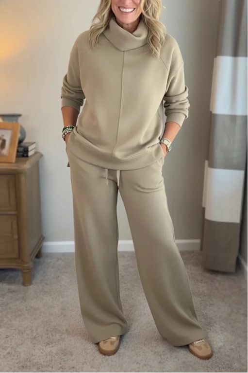 Autumn Winter Women's Two Piece Set High Neck Solid Color Sweatshirt Casual Elegant Commuter Outfit Style_ecoleips.com