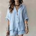 Women's Solid Color Loose Button down Shirt And Shorts Fashion Casual Suit Spring/Summer New European And American Cross Border Trade Clothing_ecoleips.com