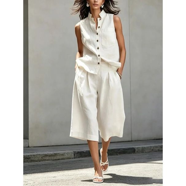 Women Plus‑Size 2‑Piece Outfit, Sleeveless Button‑Down Collared Top & High‑Waist Cropped Wide‑Leg Bottoms, Polyester Spring Summer Casual Matching Set_ecoleips.com