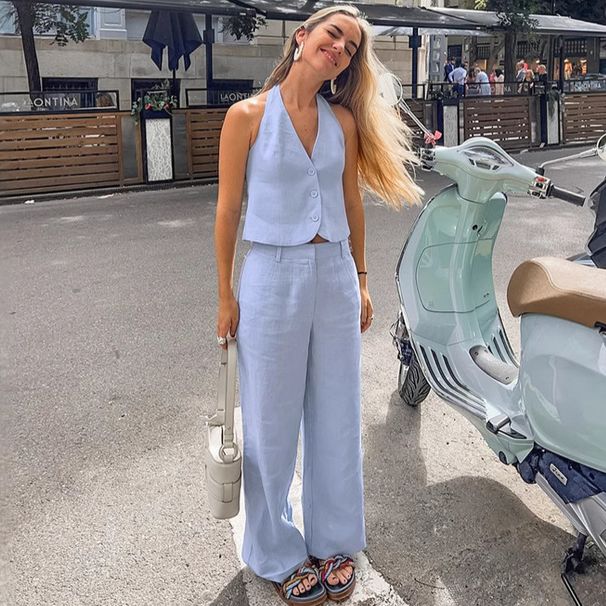 Women's Clothing Summer New Blue Cotton And Linen Sleeveless Vest Vest Trousers Suit_ecoleips.com