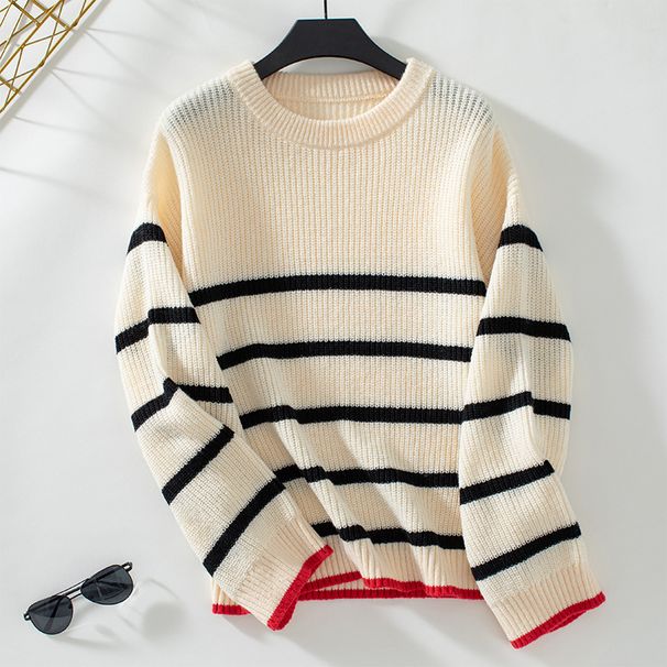 Women's Autumn/Winter Casual Long-Sleeved Knitted Sweater With Contrasting Color Stripes And Hood_ecoleips.com