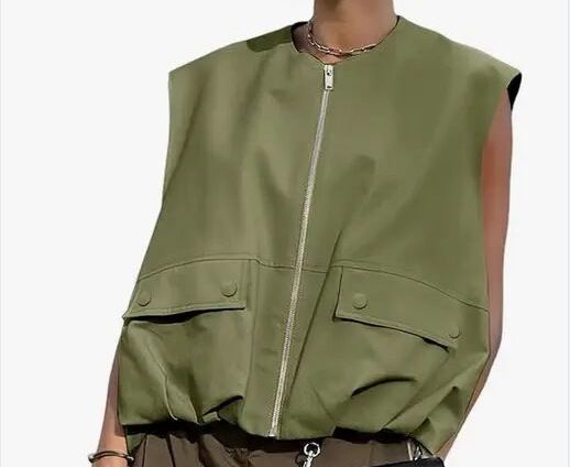 Trendy Streetwear Vest With Ruffled Hem - Lightweight Woven Polyester, Round Neck, Zip Front - Yellow, Black, Light Gray, Army Green (S/M/L/XL)_ecoleips.com