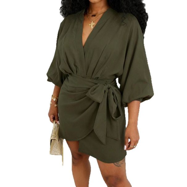 Women's Casual V Neck Wrap Tie Lantern Long Sleeve Solid Color Linen Mini Dress – Summer Resort Gown_ecoleips.com