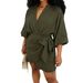 Women's Casual V Neck Wrap Tie Lantern Long Sleeve Solid Color Linen Mini Dress – Summer Resort Gown_ecoleips.com