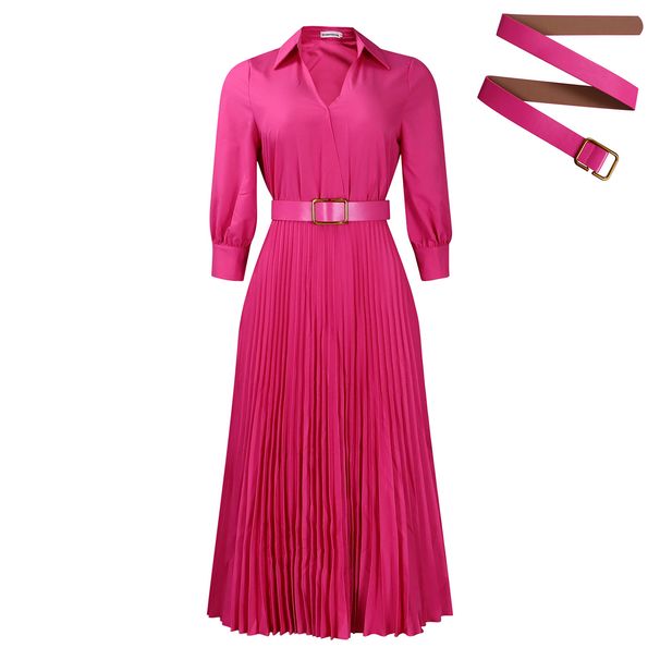 Plus Size Women's Clothing Autumn And Winter New Style Elegant Lapel Solid Color Large Swing Pleated Dress_ecoleips.com