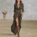 Women's Elegant Long Sleeved Dress European American Style V Neck Waist Cinching Pleated Loose Slit Retro French 2025 New_ecoleips.com