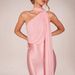 Women Luxury Halter Neck Dress High Stretch Satin Bodycon Slim Fit Elegant Floating Sash Detail Party Club Long Dress_ecoleips.com