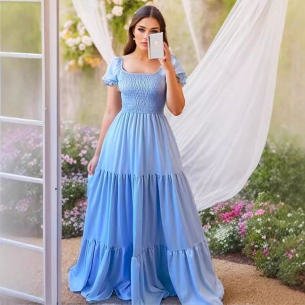Women's Clothing Commuting Solid Color Square Collar Stitching Long Skirt Dress_ecoleips.com
