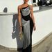 Sexy Slanted Shoulder Sleeveless Long Dress Women Elegant Fringed Patchwork Slim Fit Party Dress Fashion Hight Waist Solid Gowns_ecoleips.com