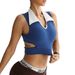 Women's Clothing Women's European American Style Yoga Vest Collared Color Block Fitness Wear Hollow Out Waist Cinching Tennis Sports Top_ecoleips.com
