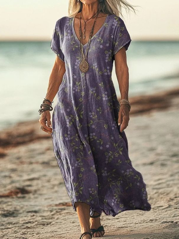 Creative Floral Women's Summer V-Neck Short Sleeve Dress, Midi Dress_ecoleips.com